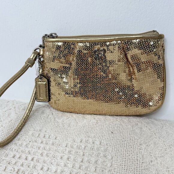 Y2K Coach Occasion Sequin Wristlet F44509 Gold Clip-In Pouch - Picture 3 of 9